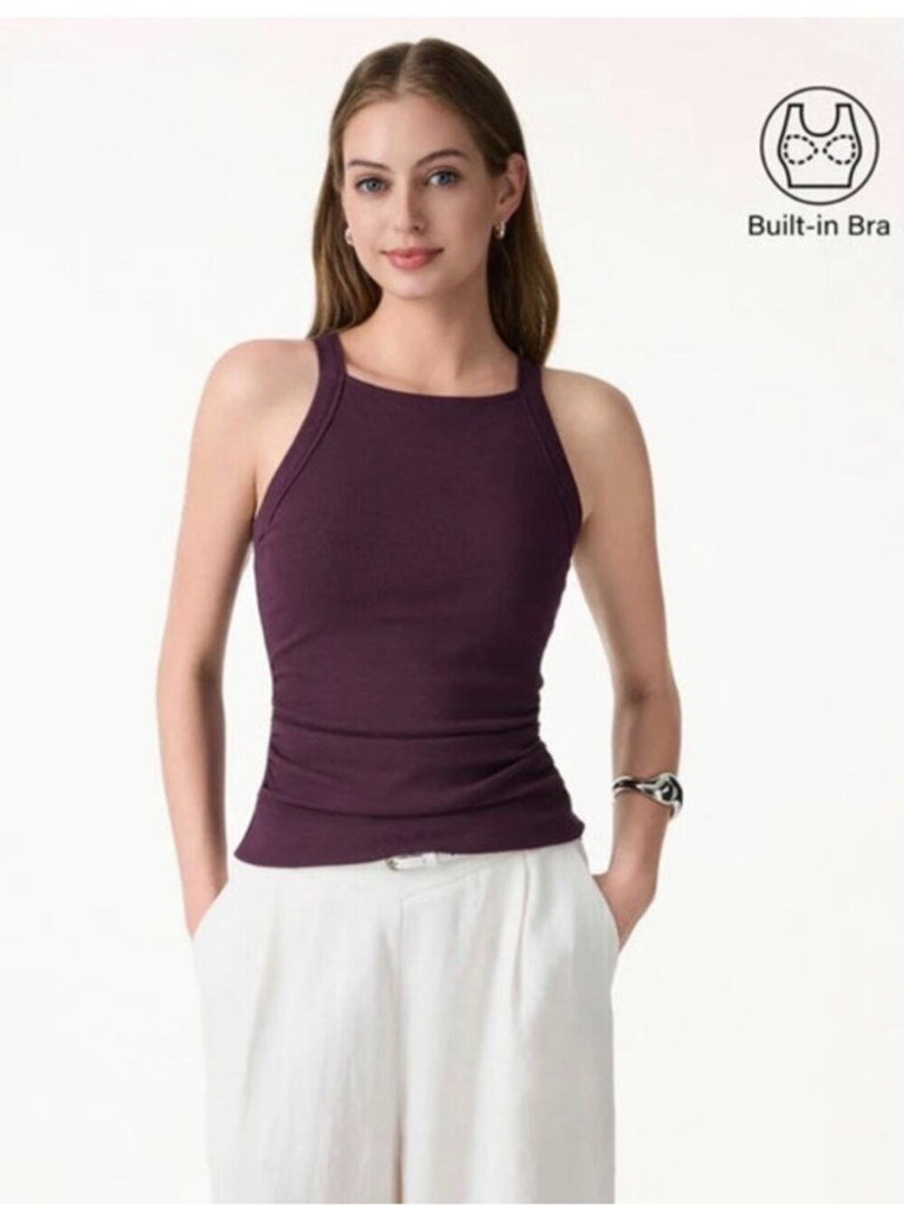 NWT OGL Plantive Chic Square Neck Ruched Rib Bra Tank Soft Stretch Top Fig M